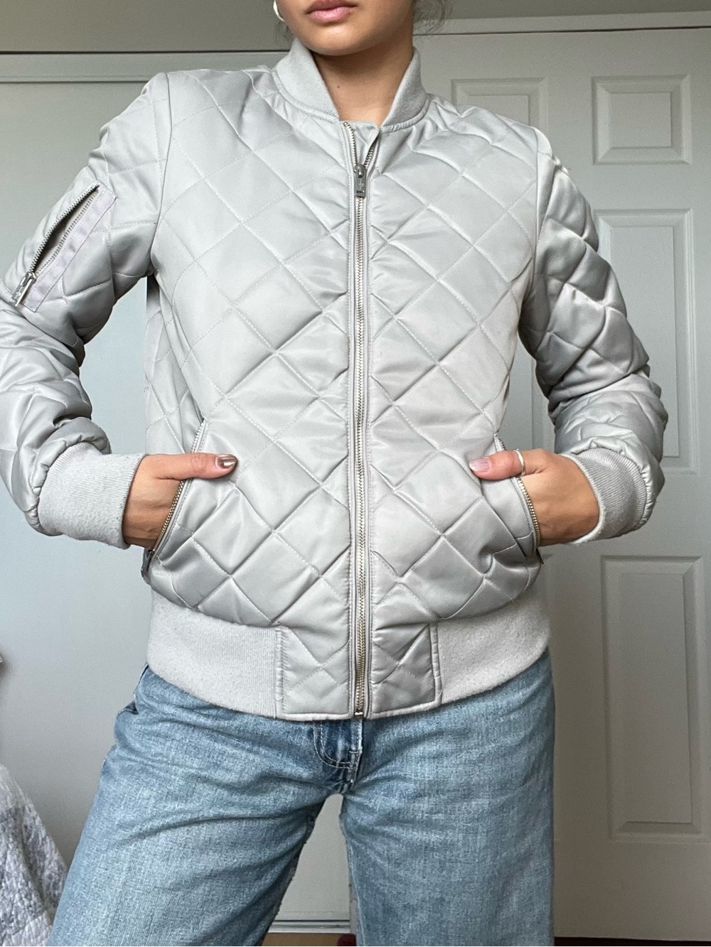 Light Gray Quilted Bomber Jacket